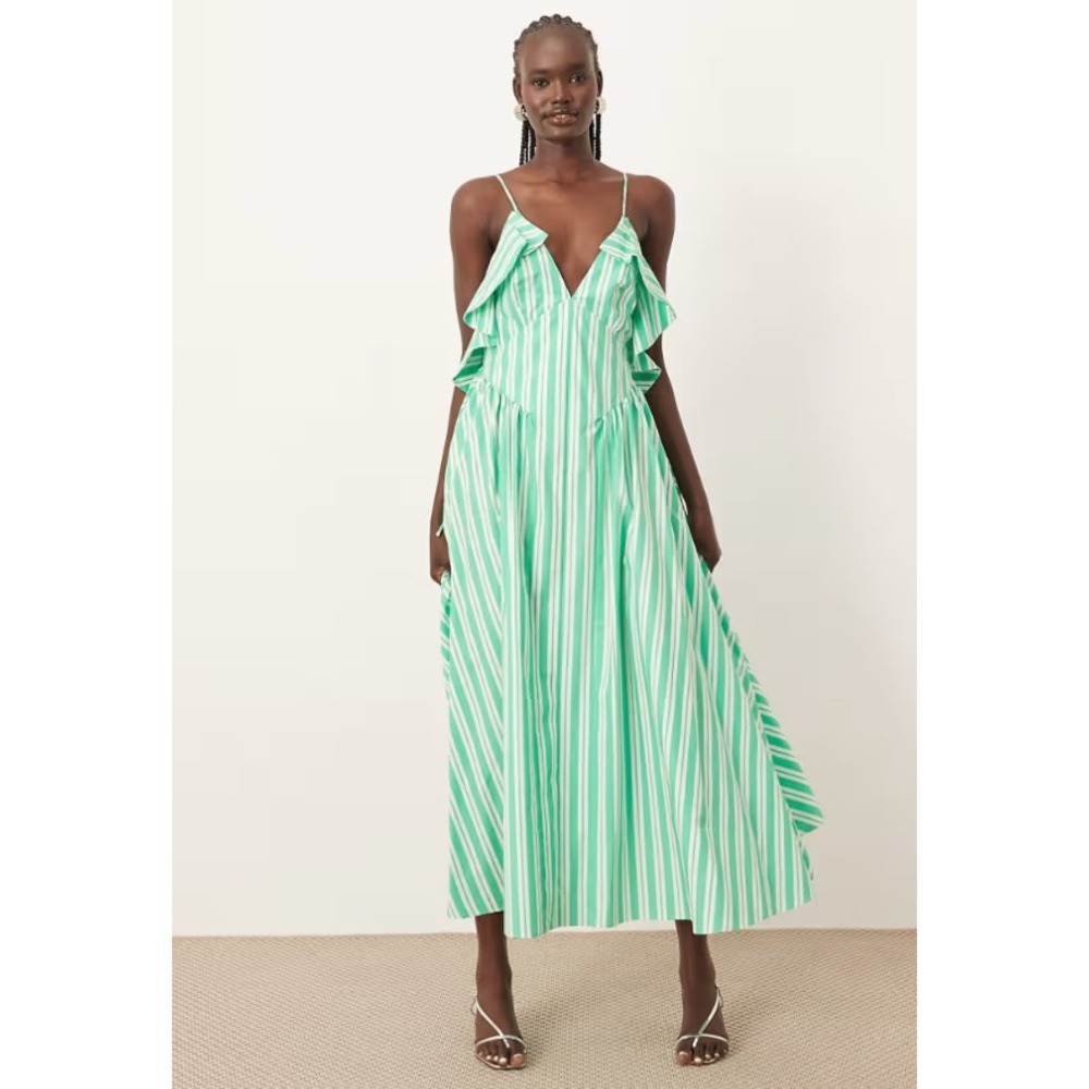 Arrange Cotton Frill Striped Midi Dress Size 4 Green NEW Ruffle Coastal Preppy